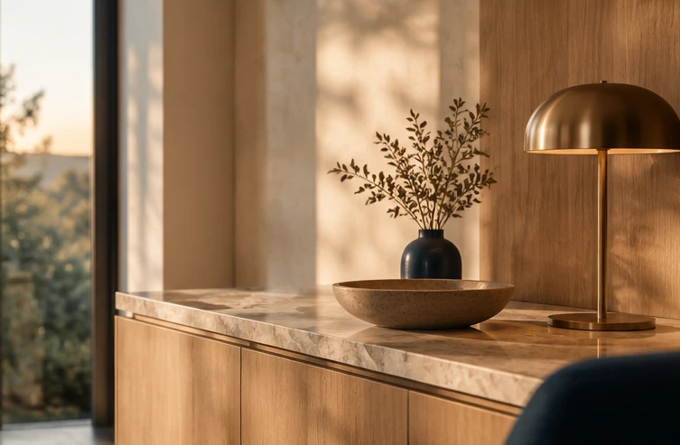 Sideboard aus hellem Holz mit Natursteinplatte, Messing-Tischleuchte und Zweigen in einer dunkelblauen Vase im warmen Abendlicht